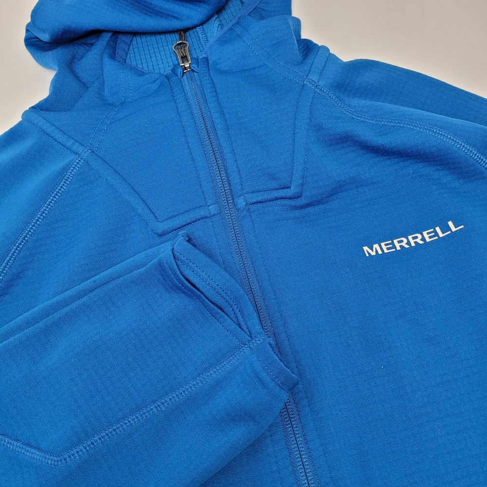 Merrell Full Zip Hoodie Mens XL Blue Excellent Grid Fleece Thumbhole Hiking